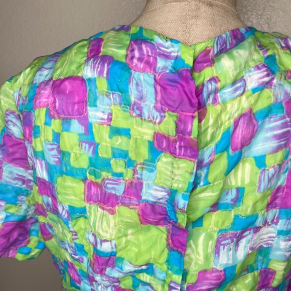 1970s Mod Neon Dress Size Medium quilt print colorful shift - Picture 14 of 14